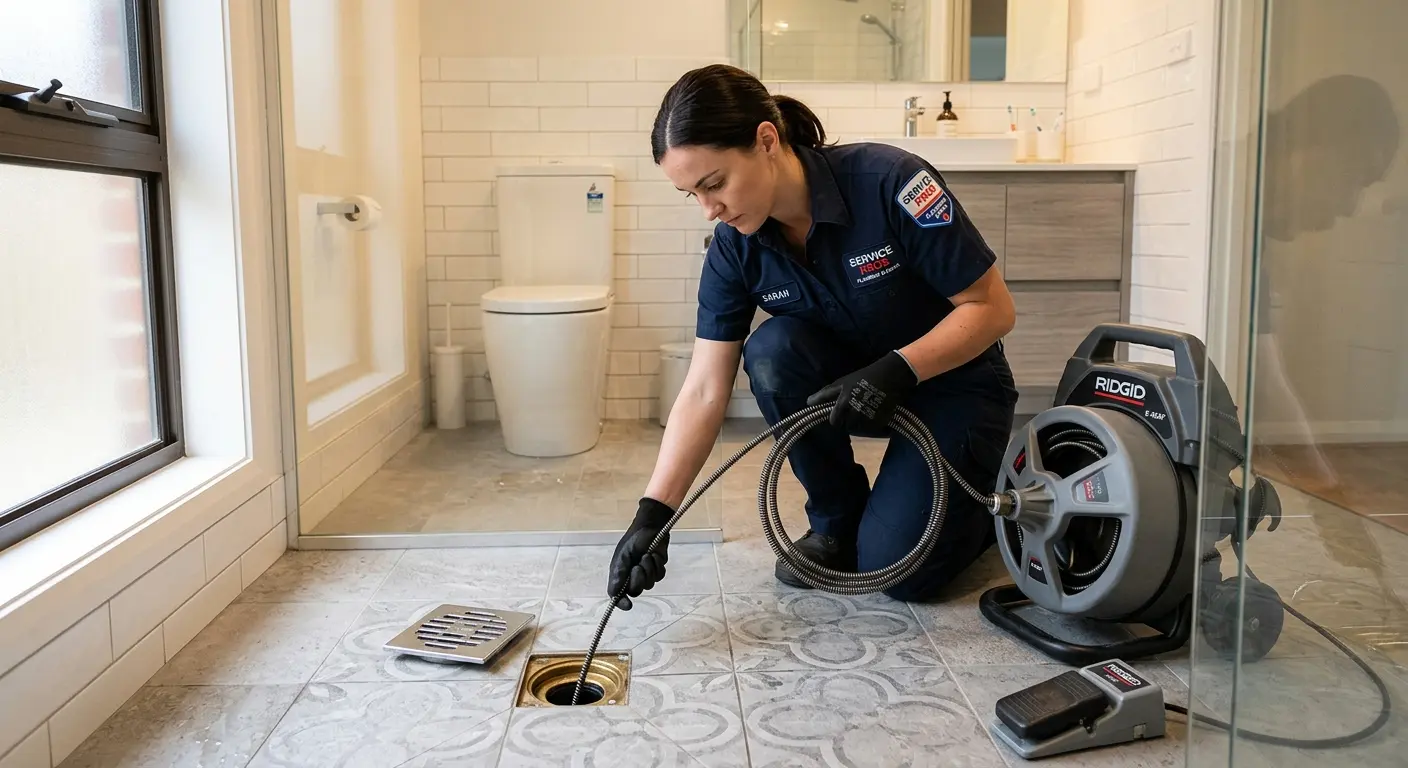 Technician clearing a bathroom floor drain for Drain Cleaning in Kimberly
